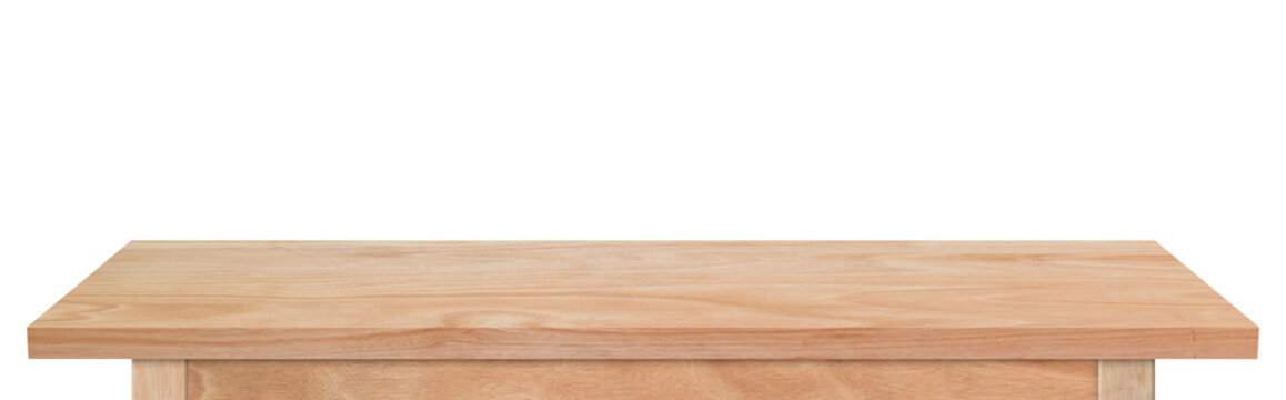 Empty wooden tabletop isolated on transparent background. rustic desk wood for placement or montage product display.