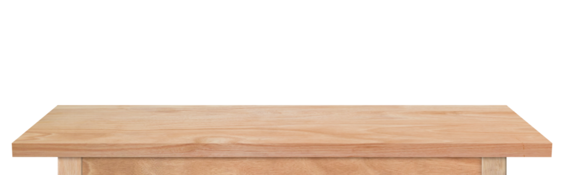 Empty wooden tabletop isolated on transparent background. rustic desk wood for placement or montage product display.