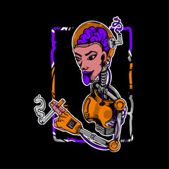 woman robot smoking with transparent head 