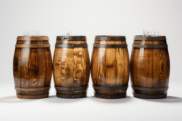 Wooden beer barrels set on a white background generative ai
