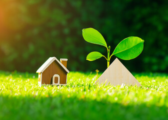 toy house model standing in green grass with a green leave, eco friendly concept, energy efficient solar powered housing