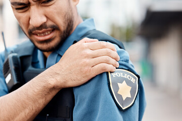Shoulder pain, man or police officer with injury from accident crime, crisis danger or gunshot...