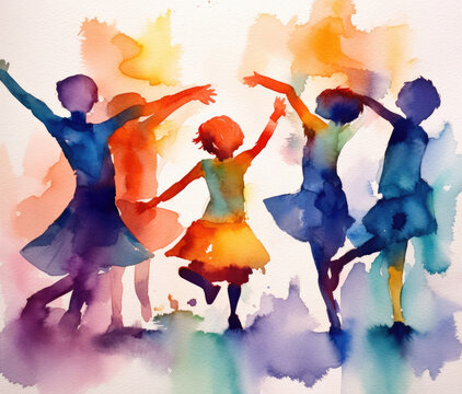 Children dancing ballet or creative dance — childhood illustration in loose expressive watercolour paint, perfect for daycare, schools, classrooms or education centres
