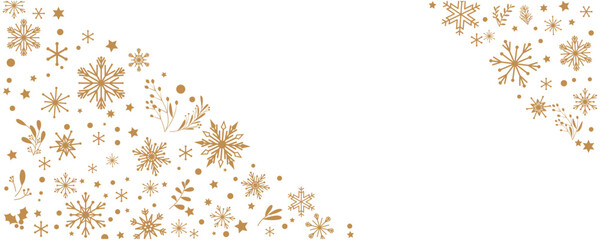 Gold Snow flakes decoration pattern. Winter illustration. Snow flakes, leaves and ornaments decoration background for winter holiday and Christmas. Vector illustration. - obrazy, fototapety, plakaty