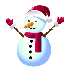 Snowman with red scarf and gloves isolated on white background. 