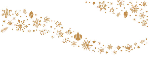 Gold Snow flakes decoration pattern. Winter illustration. Snow flakes, leaves and ornaments decoration background for winter holiday and Christmas. Vector illustration.