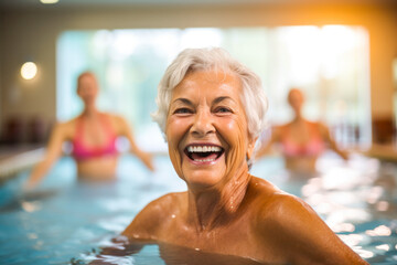 Fototapeta premium Active senior women enjoying in a pool. Aqua fit class, water aerobics