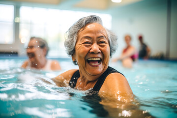 Fototapeta premium Active senior women enjoying in a pool. Aqua fit class, water aerobics