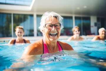 Fototapeta premium Active senior women enjoying in a pool. Aqua fit class, water aerobics