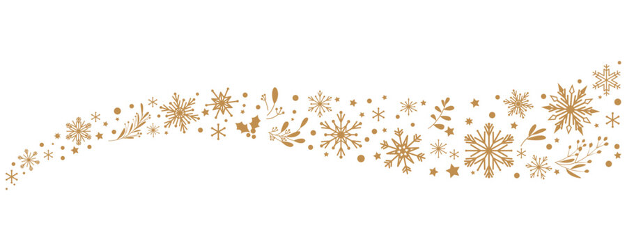 Gold Snow flakes decoration pattern. Winter illustration. Snow flakes, leaves and ornaments decoration background for winter holiday and Christmas. Vector illustration.