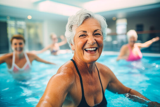 Active senior women enjoying in a pool. Aqua fit class, water aerobics