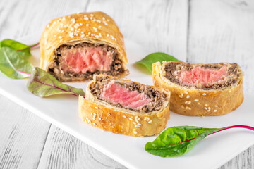 Portion of tuna wellington