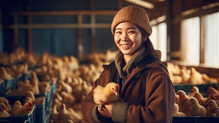 A smiling asian female chicken farmer stands with his arms folded in the poultry shed