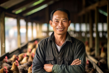 A smiling asian male chicken farmer stands with his arms folded in the poultry shed,generative ai