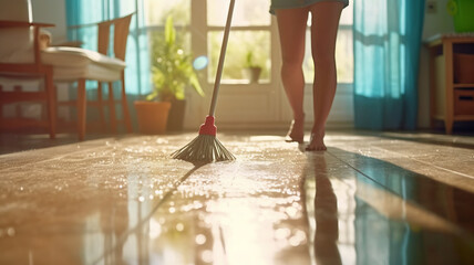 A young woman cleaning floor with wet mop at home.generative ai