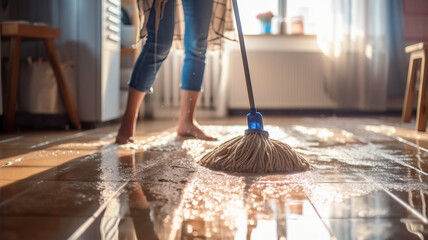 A young woman cleaning floor with wet mop at home.generative ai