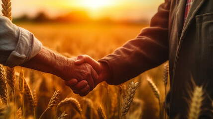 Two farmers shake hands in front of a wheat field.generative ai - obrazy, fototapety, plakaty