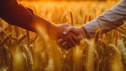 Fototapeten Two farmers shake hands in front of a wheat field.generative ai © LomaPari2021