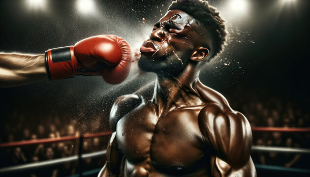 Impactful Boxing Match Photo: Male Boxer Taking Powerful Left Hook with Sweat and Spit Flying, Spotlight on Fighters with Blurred Ring Background