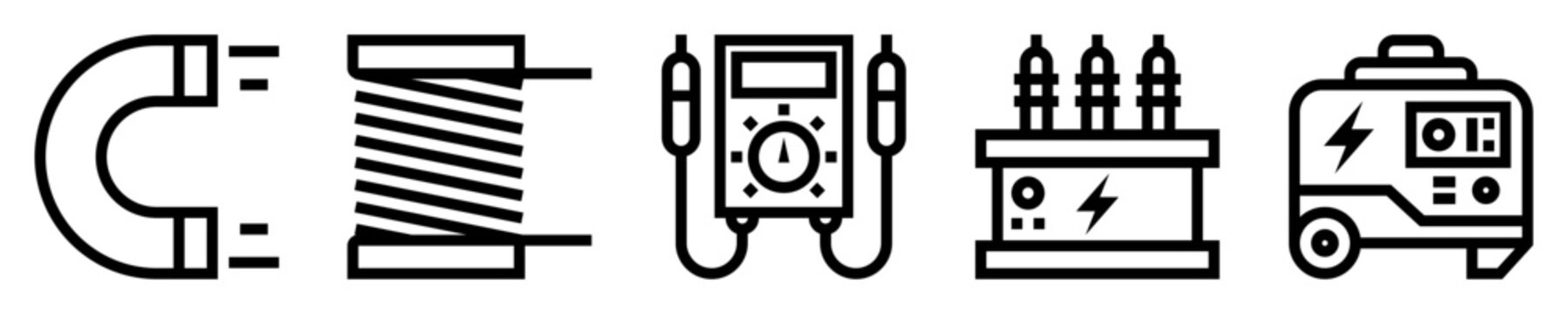 Conjunto de iconos de inducci&oacute;n. Campo magn&eacute;tico y electricidad. Im&aacute;n, bobina, volt&iacute;metro, transformador, generador el&eacute;ctrico. Ilustraci&oacute;n vectorial