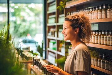 Younger woman curiously browsing organic, natural and eco-friendly cosmetic products in a store. A concept of conscious, sustainable lifestyle - obrazy, fototapety, plakaty