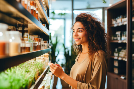 Younger woman curiously browsing organic, natural and eco-friendly cosmetic products in a store. A concept of conscious, sustainable lifestyle