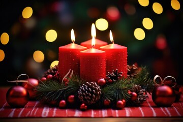 decorated Advent wreath from fir branches with red burning candles on a wooden table , festive bokeh in the warm dark background