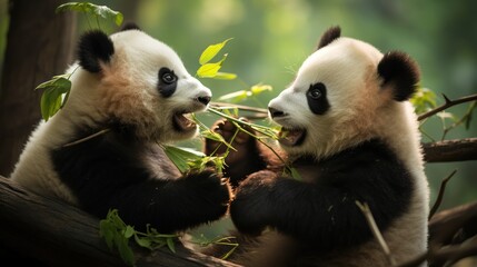 Fototapeta premium Playful pandas, endearing moments captured in the bamboo forest