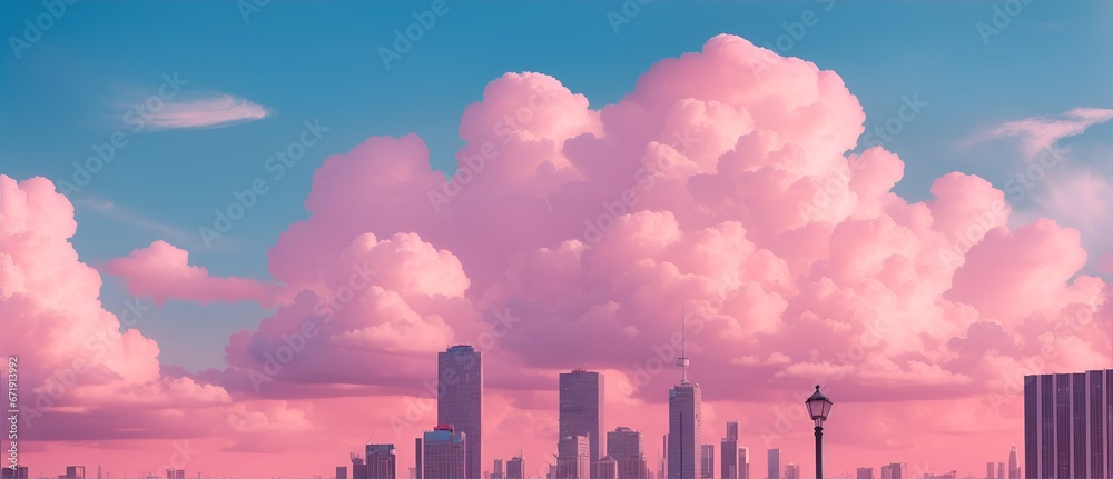 Wall mural City landscape with pink cloudy sky from Generative AI