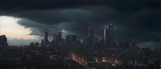 Fototapeta premium City landscape with dark cloudy sky from Generative AI