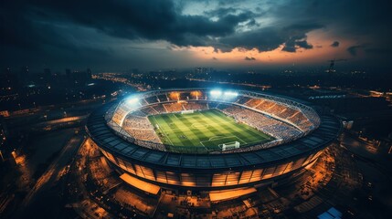 Stadium brilliantly lit for an evening soccer match - obrazy, fototapety, plakaty
