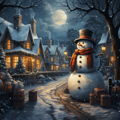 a painting of a snowman in a snowy village
 - obrazy, fototapety, plakaty