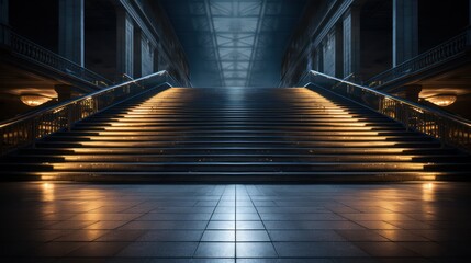 Dramatic lighting guides the way on mall stairs - obrazy, fototapety, plakaty