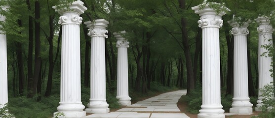 White marble columns on a pathway on a forest from Generative AI