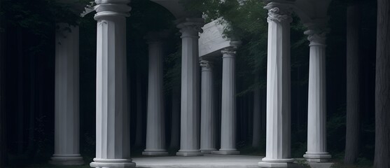  White marble columns on a pathway on a dark forest from Generative AI