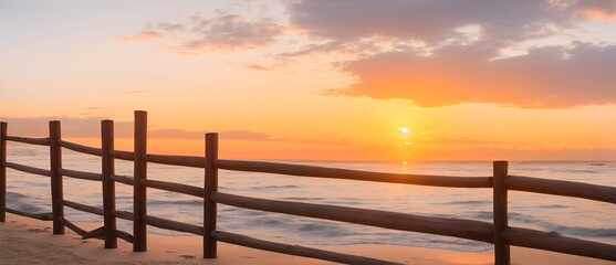 Wooden fence in front of a beach at sunset from Generative AI