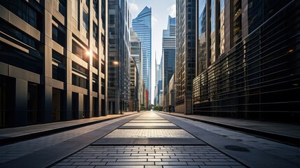 Skyscrapers loom over a silent alley - obrazy, fototapety, plakaty