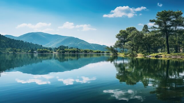 Calm lake mirrors the surroundings upside down