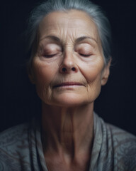 Senior Asian Woman Meditating Against Black Background; AI Generated - 671914904