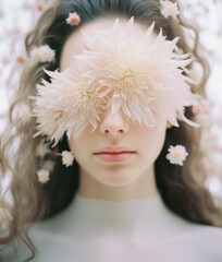 Beautiful Caucasian Woman With Chrysanthemum Flowers Covering Eyes; AI Generated - 671914910