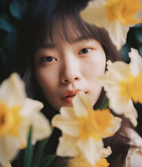 Beautiful Asian Woman With Perfect Skin Looking Through Flowers; AI Generated - 671914913