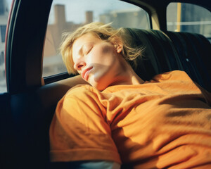 Caucasian Woman Sleeping In Car During Sunny Day; AI Generated - 671914916