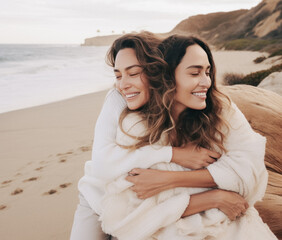 Happy Caucasian Lesbians Wrapped In Blanket Embracing At Beach; AI Generated - 671914928