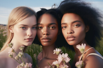 Portrait Of Multiracial Female Models Posing Outdoors; AI Generated - 671914940