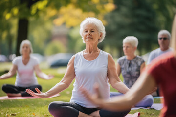 Caucasian Senior Woman Practicing Yoga At Park; AI Generated