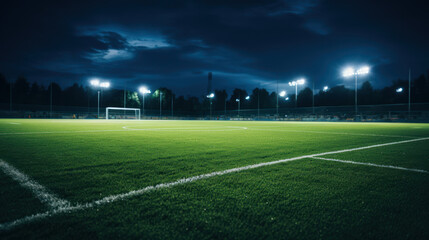 Lights shine brightly on the soccer field, ready for action - obrazy, fototapety, plakaty