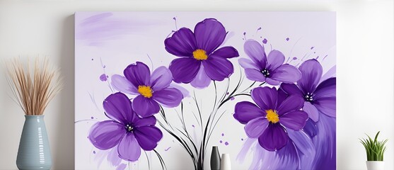 Purple flowers wall art painting with long brush strokes from Generative AI