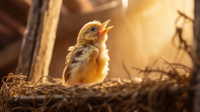 Bird sings joyfully in its straw cage