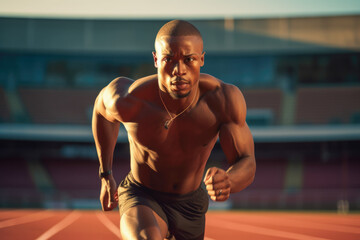 A determined athlete running on a track. Concept of training, sports and competition