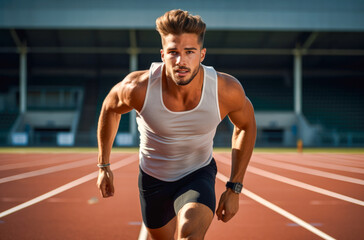 A determined athlete running on a track. Concept of training, sports and competition